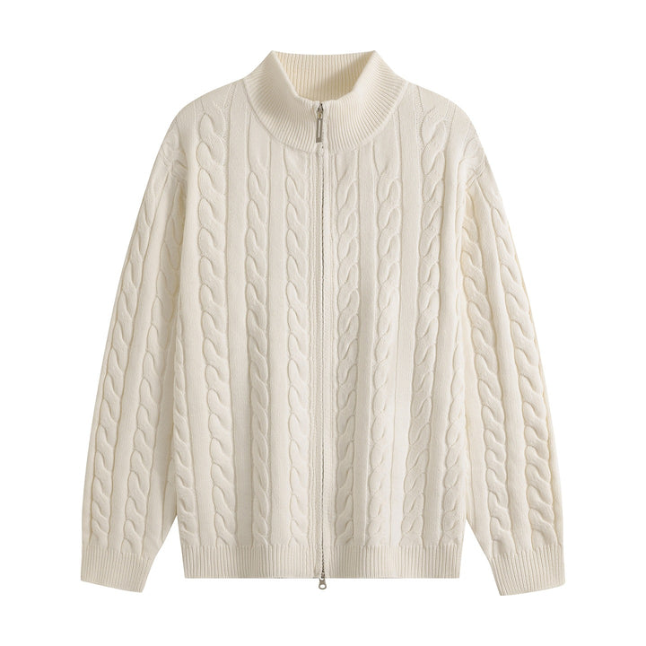 Men's Chunky Knit Zip-Up Cardigan with Cable Pattern, Stand-Up Collar and Oversized Cut Mune Fashion