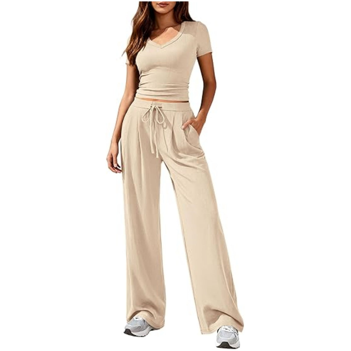 Ladies Casual Lounge Set with Tailored V-Neck Cropped Top and Loose Drawstring Pants Mune Fashion
