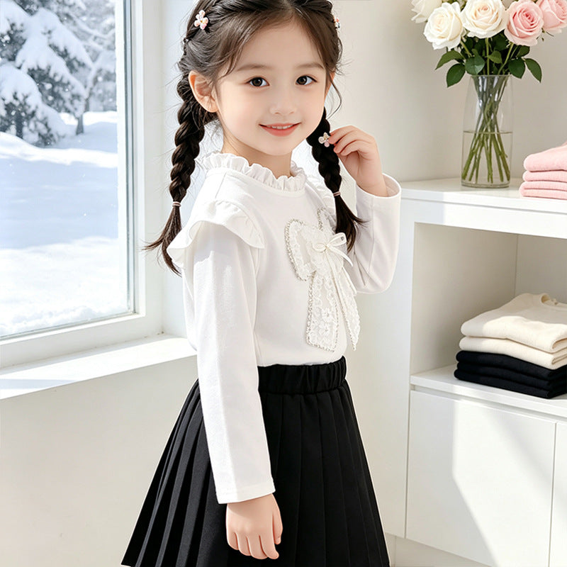 Girl Long Sleeve Shirt with Romantic Ruffle Design and Decorative Bow Motif Mune Fashion
