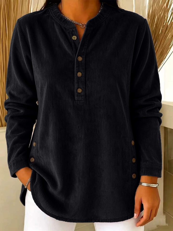 Women Casual Corduroy Look Tunic with Henley Neckline and Side Buttons Drune