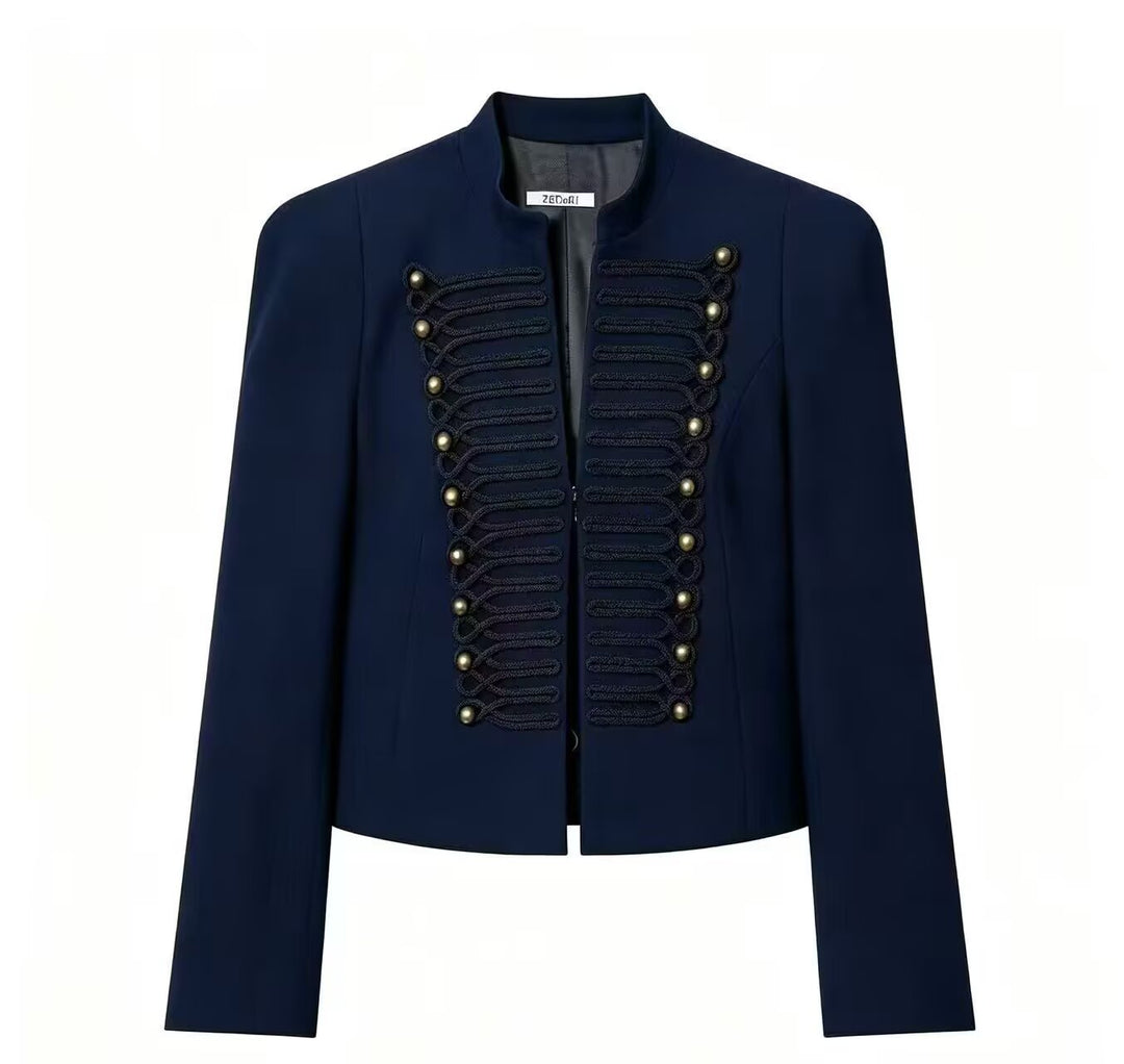 Women's Short Blazer with Military Frog Decoration and Stand-Up Collar Mune Fashion