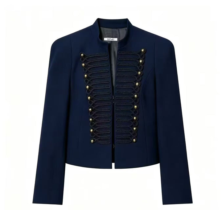 Women's Short Blazer with Military Frog Decoration and Stand-Up Collar Mune Fashion