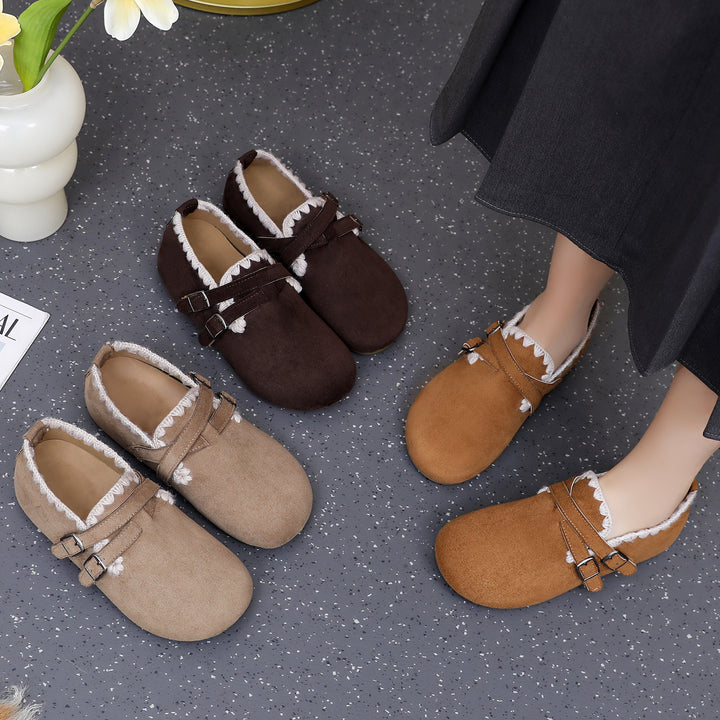 Ladies nan velour slip-on moccasin with decorative crochet trim and adjustable double buckles Mune Fashion