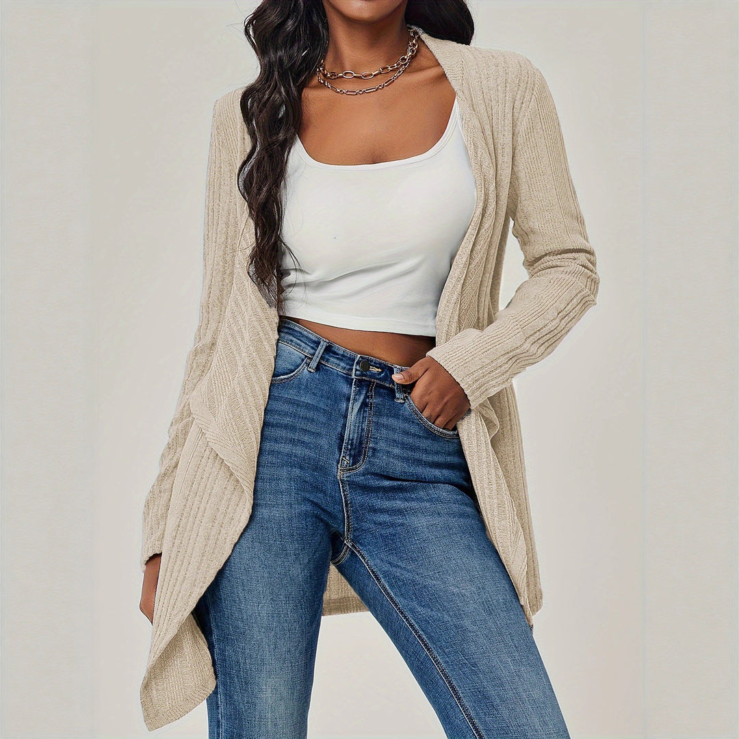 Ladies Open Ribbed Knit Cardigan with Waterfall Collar Mune Fashion