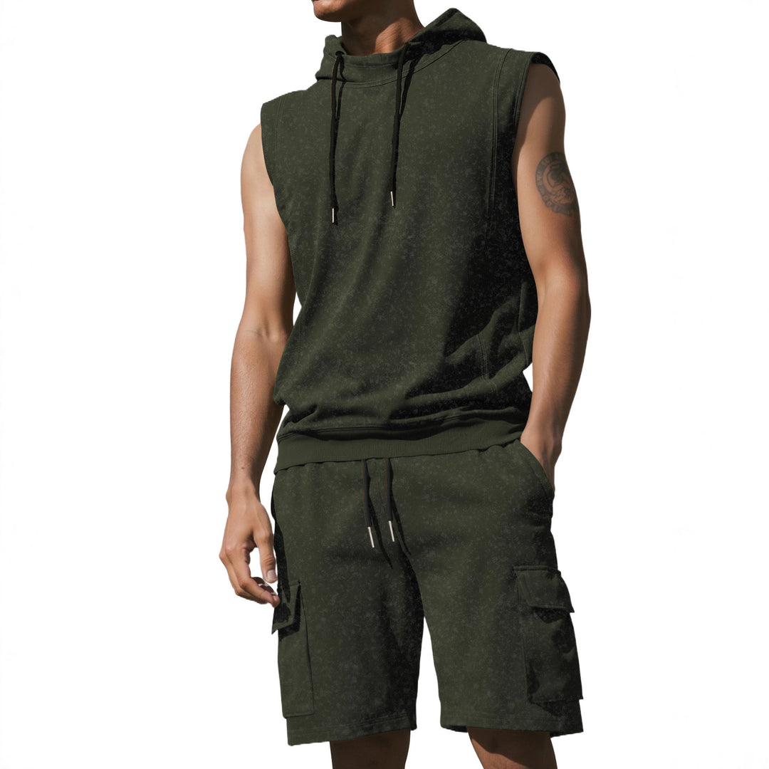 Men's Hooded Muscle Shirt Set with Functional Cargo Bermuda Mune Fashion