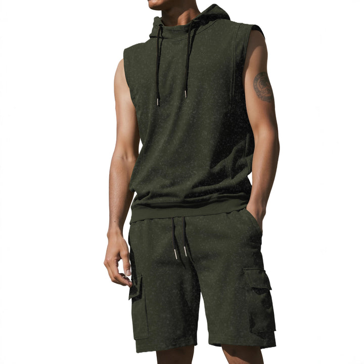 Men's Hooded Muscle Shirt Set with Functional Cargo Bermuda Mune Fashion