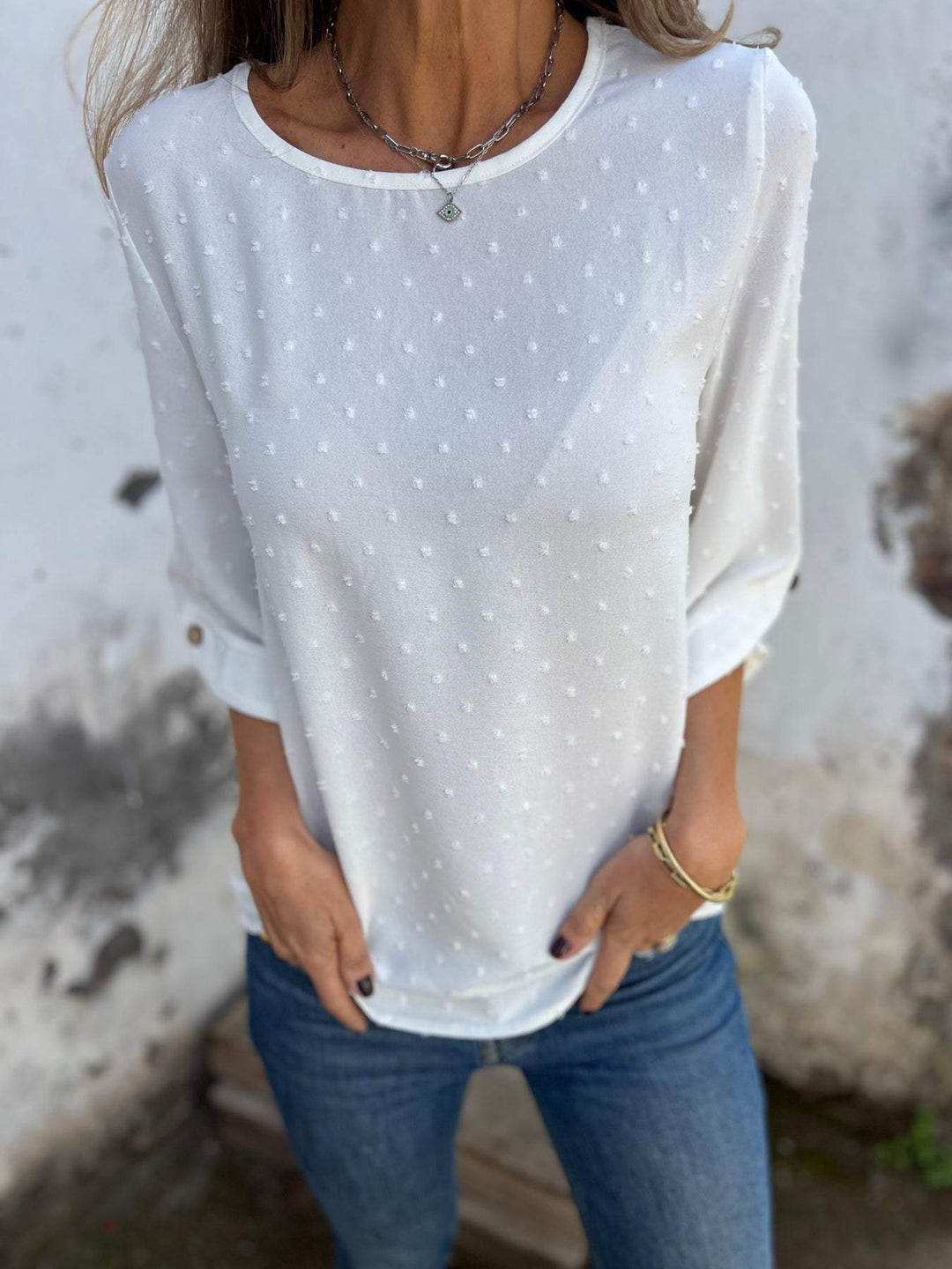 Ladies blouse with textured dot pattern and three-quarter sleeves Mune Fashion
