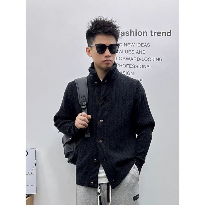 Men's finely structured cable knit cardigan with high stand-up collar and full button placket Mune Fashion