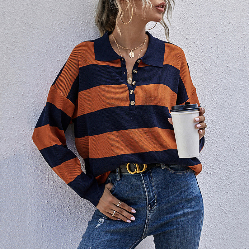 Women Elegant Sweater with Polo Collar and Stripes Mune Fashion