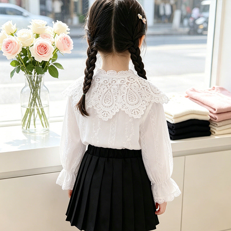 Girls elegant blouse with ruffled collar and lace accents Mune Fashion
