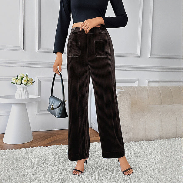 Women's Wide Velvet Cord Pants with High Waist, Elastic Waistband and Side Pockets Mune Fashion
