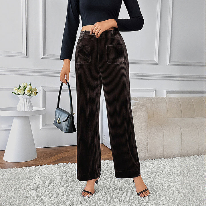 Women's Wide Velvet Cord Pants with High Waist, Elastic Waistband and Side Pockets Mune Fashion