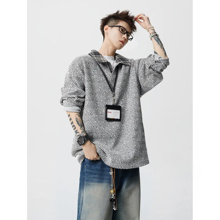 Men's Oversize Structured Sweatshirt with Polo Collar and Diagonal Knit Structure Mune Fashion