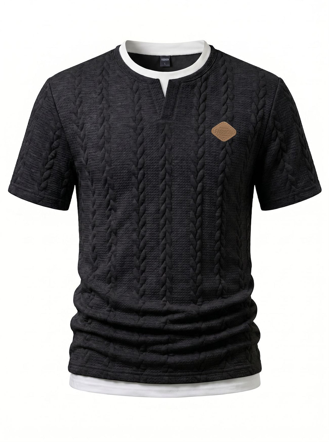Men's textured short-sleeve shirt with embossed braid structure, V-insert at the round neck and layered look Mune Fashion