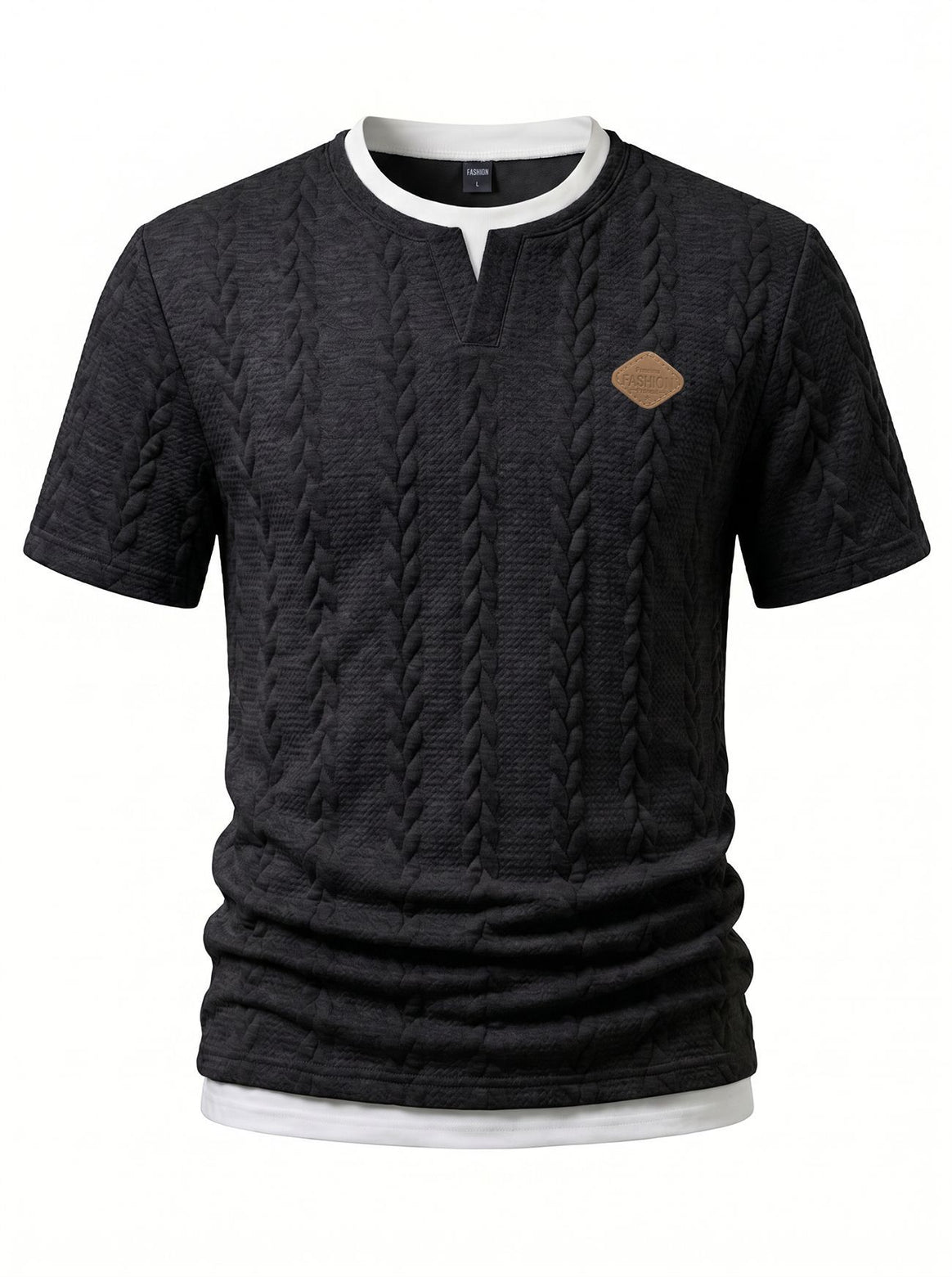 Men's textured short-sleeve shirt with embossed braid structure, V-insert at the round neck and layered look Mune Fashion