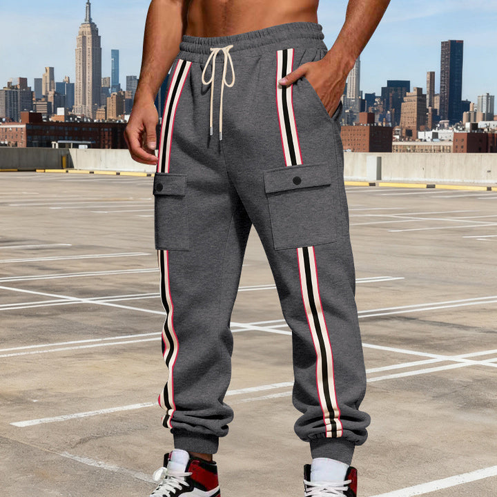Men's Cargo Jogging Pants with Distinct Side Stripes, Drawstring & Flap Pockets Mune Fashion