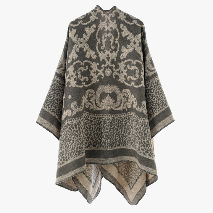 Women Jacquard Wool Blend Cape Poncho with Baroque and Animal Pattern Mune Fashion