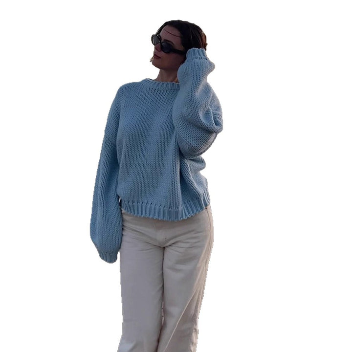 Women Oversize Chunky Knit Sweater with Balloon Sleeves and Wide Ribbed Collar Mune Fashion