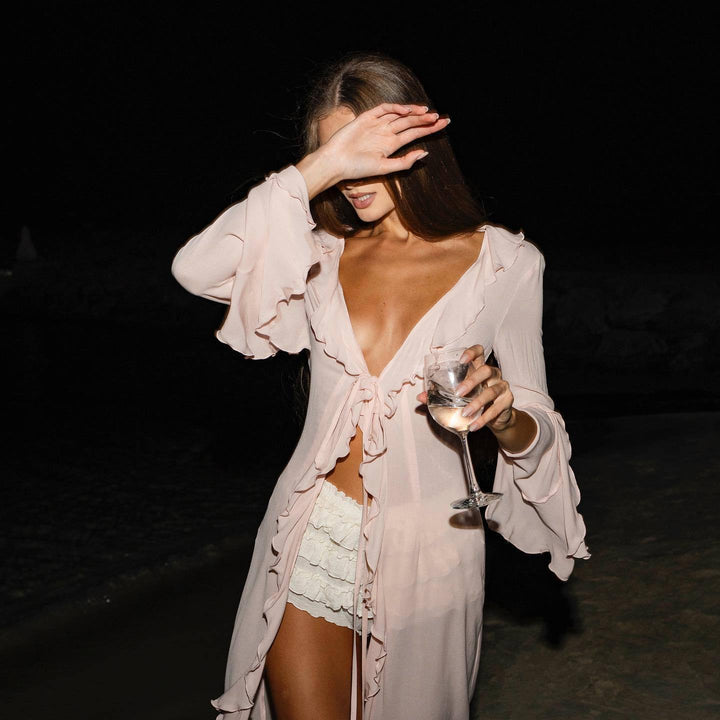 Women elegant beach dress with ruffles and deep slit Mune Fashion