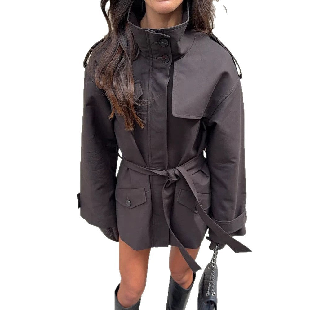 Women's Short Tailored Trench Jacket with Stand-Up Collar, Flap Pockets and Tie Belt Mune Fashion