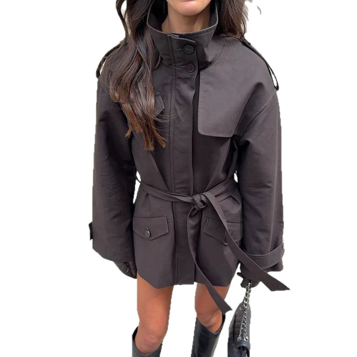 Women's Short Tailored Trench Jacket with Stand-Up Collar, Flap Pockets and Tie Belt Mune Fashion
