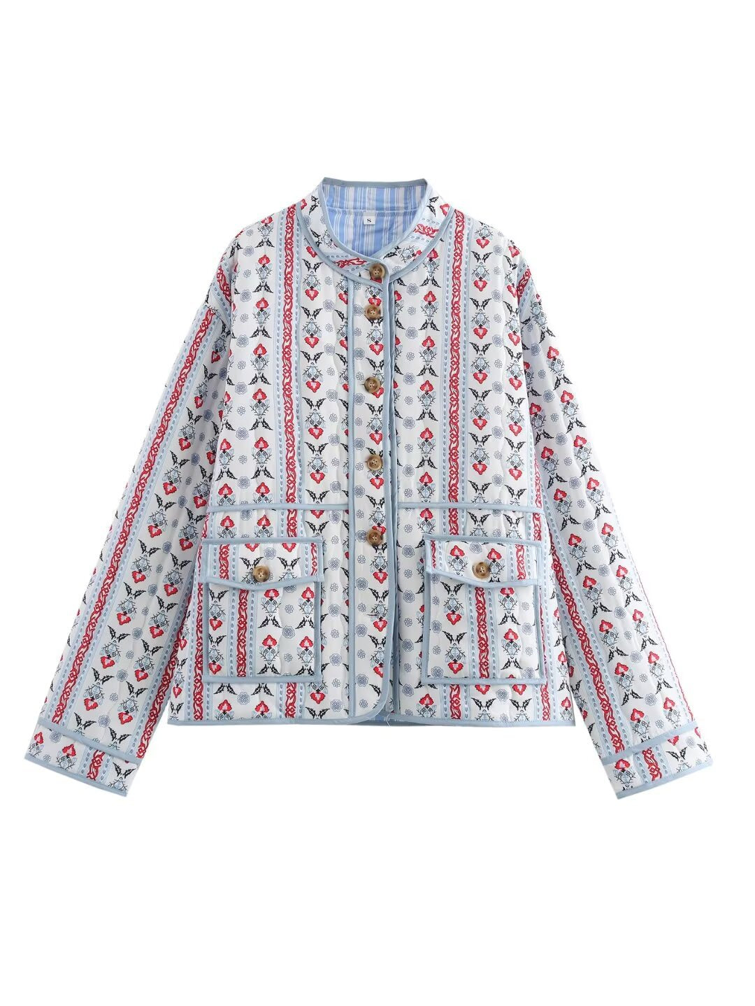 Ladies quilted short jacket with stand-up collar, patch pockets and fine ethnic print Mune Fashion