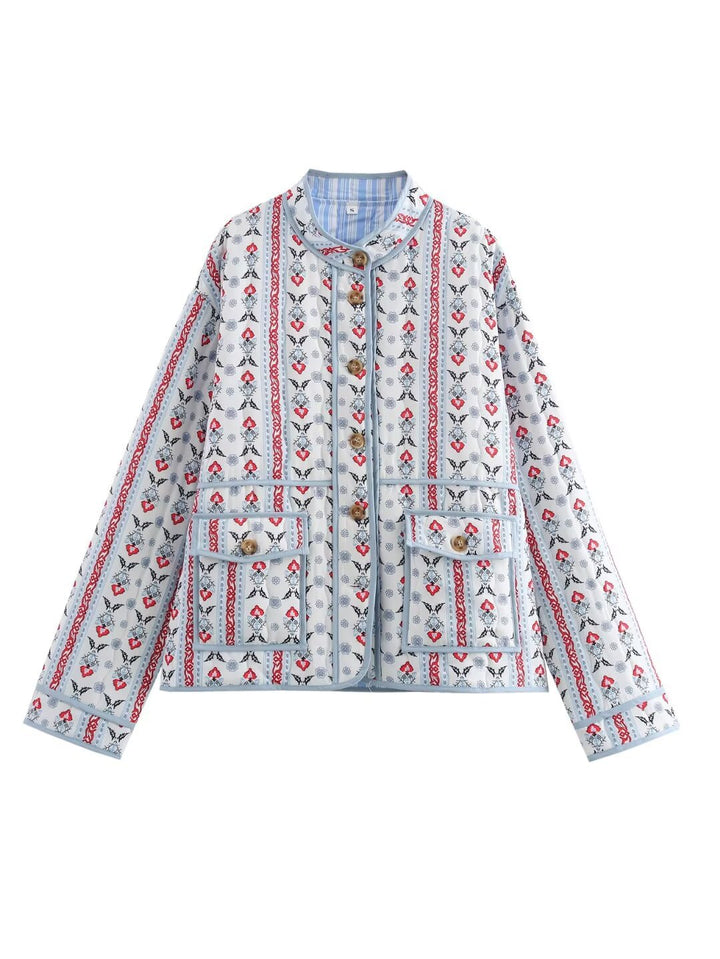 Ladies quilted short jacket with stand-up collar, patch pockets and fine ethnic print Mune Fashion