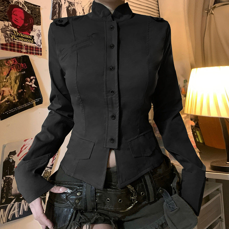 Women's tailored utility military jacket with stand-up collar, shoulder epaulettes, and applied flap pockets Mune Fashion