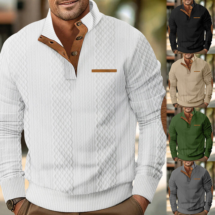 Men's structured stand-up collar pullover with half button placket and elbow patches Mune Fashion