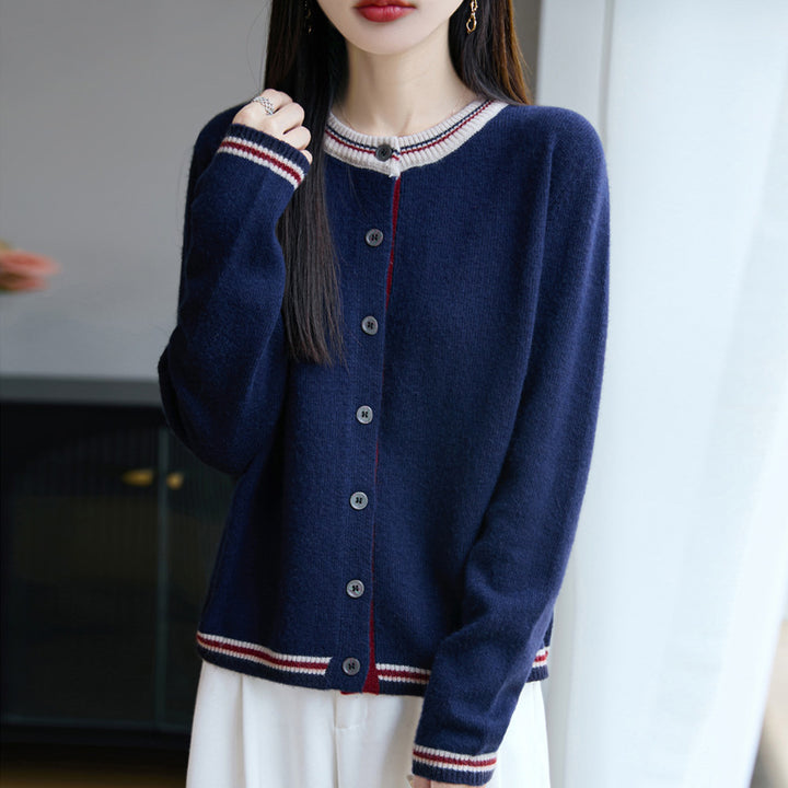 Women's Loose Fine Knit Cardigan with Contrast Stripes on Collar and Cuffs Mune Fashion