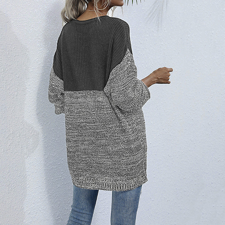 Ladies oversized knitted sweater in melange block design with round neckline & extended hem Mune Fashion