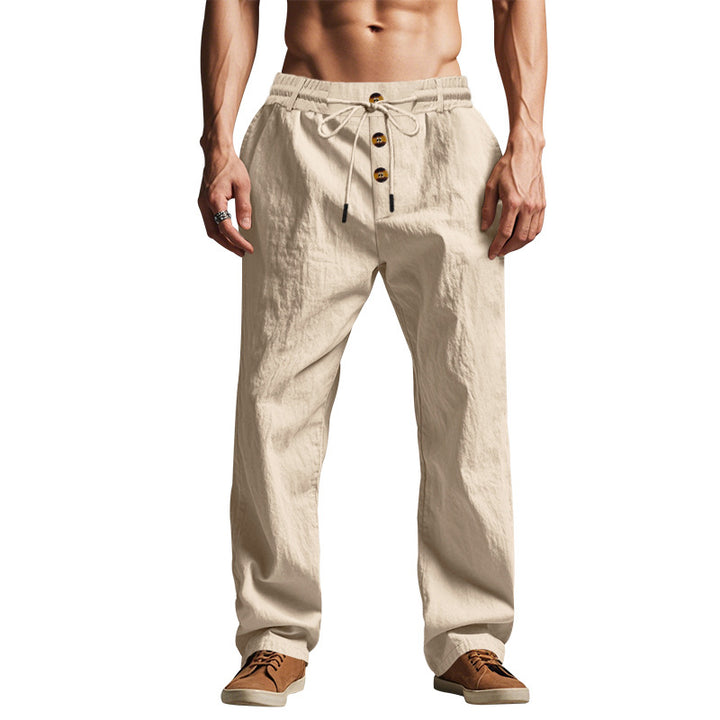 Men's relaxed pants in linen look with decorative button placket and drawstring waistband Mune Fashion