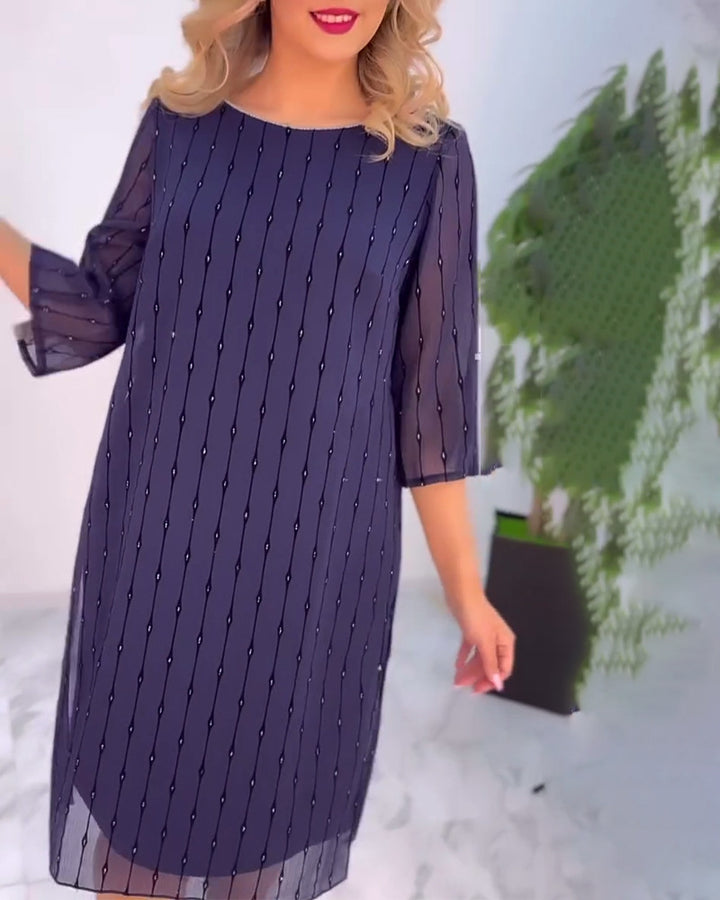 Ladies elegant chiffon midi dress with vertical sequin and bead appliqué as well as transparent three-quarter sleeves Mune Fashion