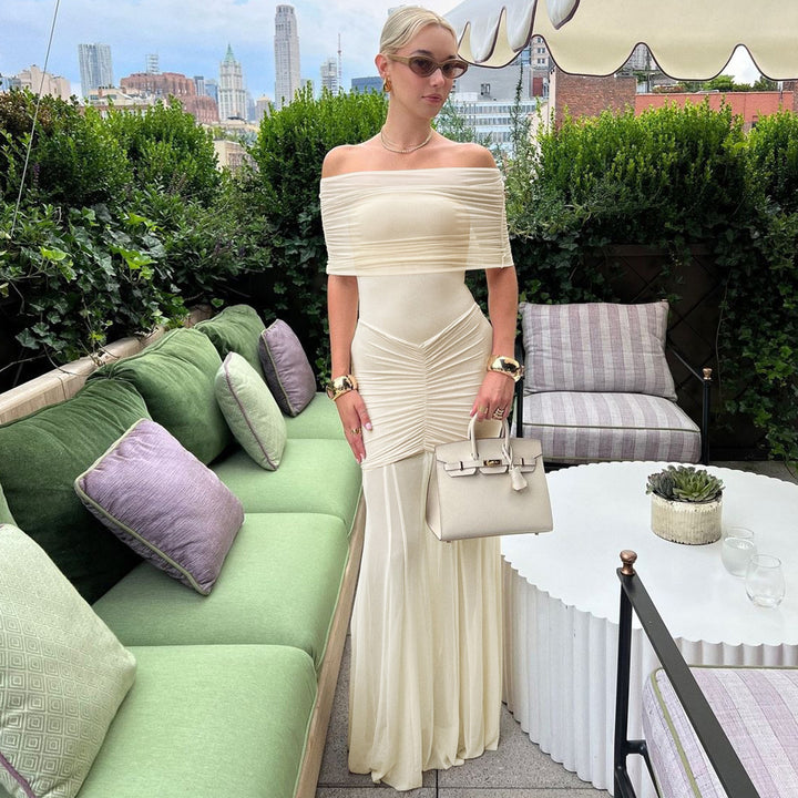 Women's off-the-shoulder evening dress with figure-hugging jersey underdress and sheer chiffon overlay Mune Fashion