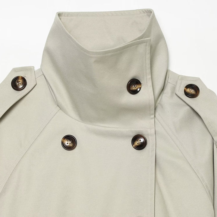 Women's Cropped Trench Cape with High Funnel Collar and Shoulder Straps Mune Fashion