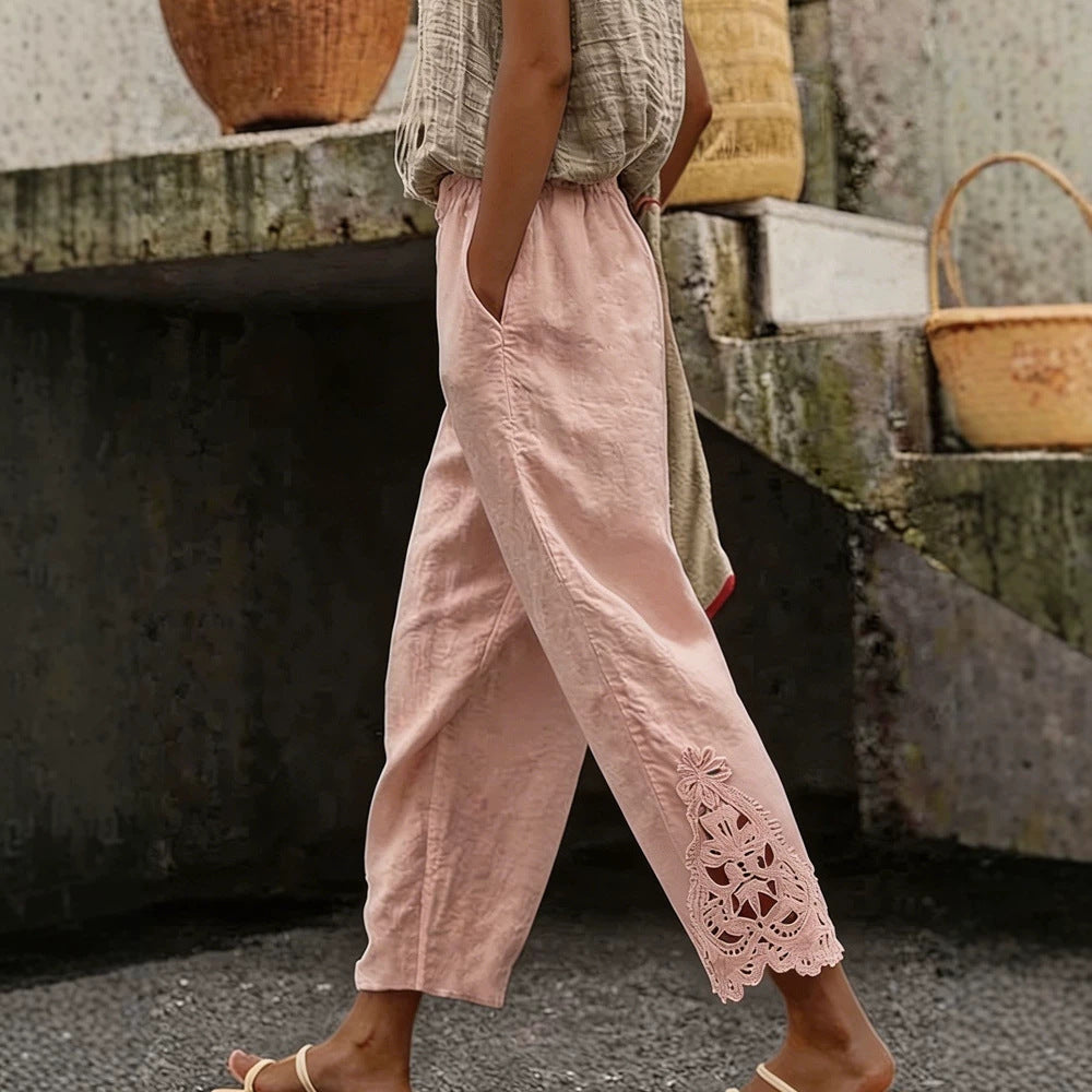 Women's casual pants made of linen blend with elastic drawstring waistband and lace embroidery on the leg