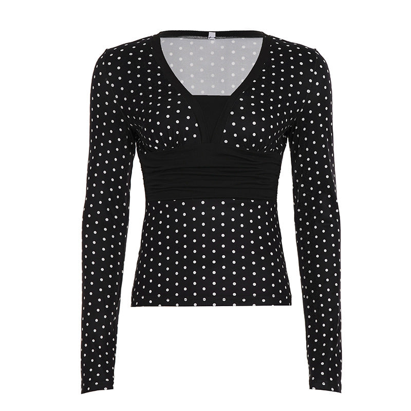 Women's tailored wrap blouse with polka dot pattern, deep V-neck and wide waistband Mune Fashion