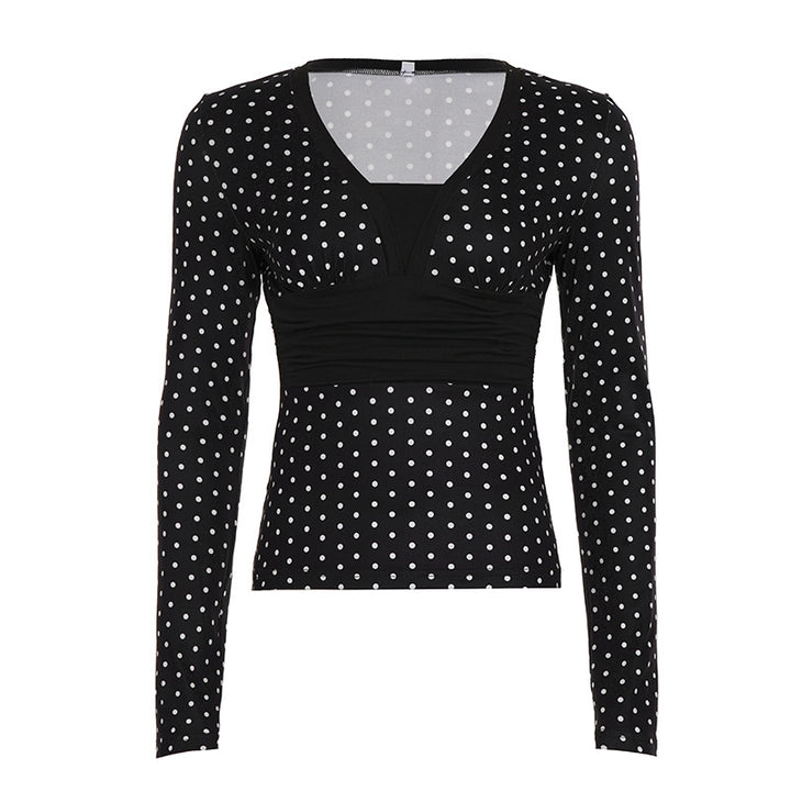Women's tailored wrap blouse with polka dot pattern, deep V-neck and wide waistband Mune Fashion