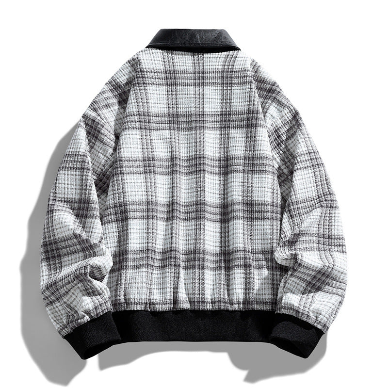 Men's Checkered Overshirt Jacket with Contrasting Faux Leather Collar and Ribbed Cuffs Mune Fashion
