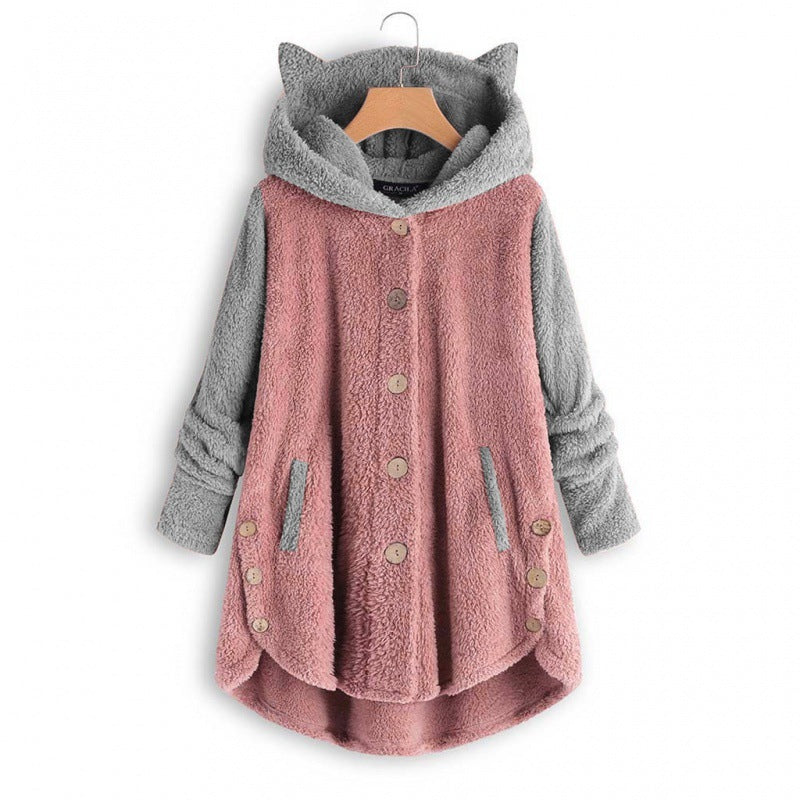 Women's Cozy Hooded Teddy Jacket with Cat Ears, Wooden Button Details and High-Low Hem Mune Fashion
