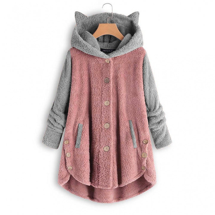 Women's Cozy Hooded Teddy Jacket with Cat Ears, Wooden Button Details and High-Low Hem Mune Fashion