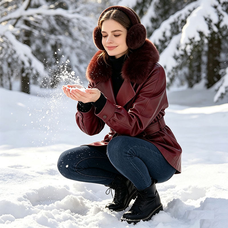 Ladies short coat made of faux leather with removable faux fur collar and waist belt Mune Fashion
