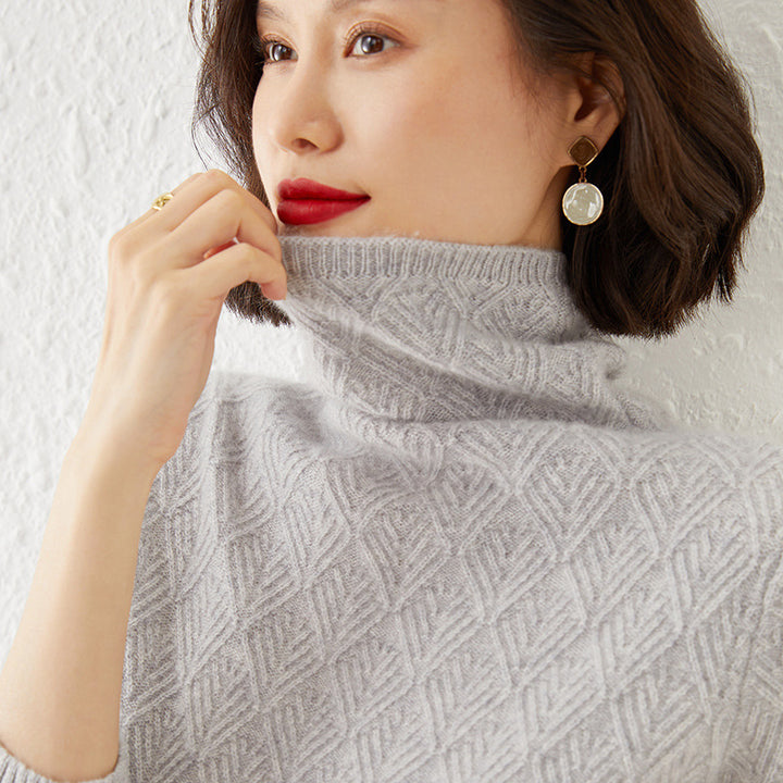 Ladies Luxurious Mohair-Mix Turtleneck Sweater with Diamond Pattern Mune Fashion Openwork Structure Mune Fashion