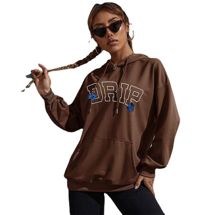 Women's Oversized Hoodie with Kangaroo Pocket and Butterfly Embroidery Mune Fashion