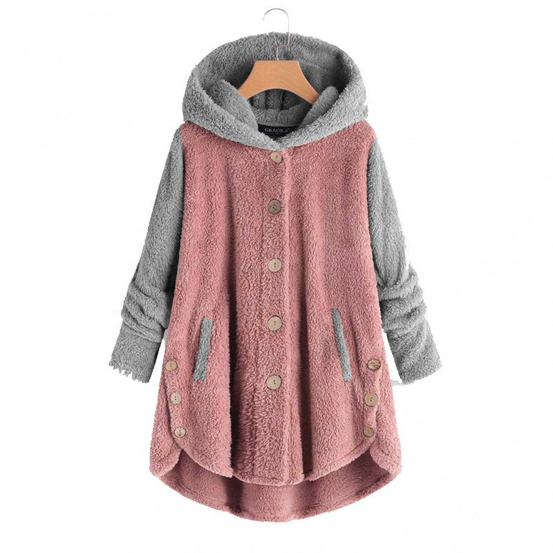 Women's Oversized Teddy Coat with Hood, Asymmetrical Zigzag Hem and Wooden Button Placket Mune Fashion