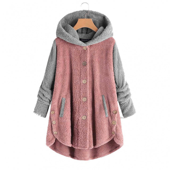 Women's Oversized Teddy Coat with Hood, Asymmetrical Zigzag Hem and Wooden Button Placket Mune Fashion