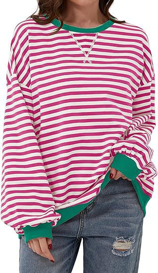 Women Striped Oversized Sweater with Contrast Cuffs Mune Fashion