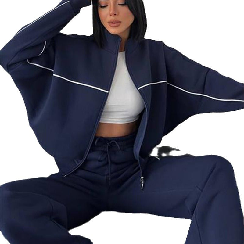 Women's nan Oversized Tracksuit Set with Zipper High Collar and Contrast Piping Mune Fashion