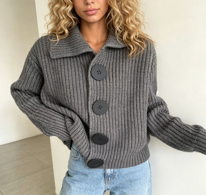 Women Chunky Knit Cardigan with Wide Lapel Collar Mune Fashion