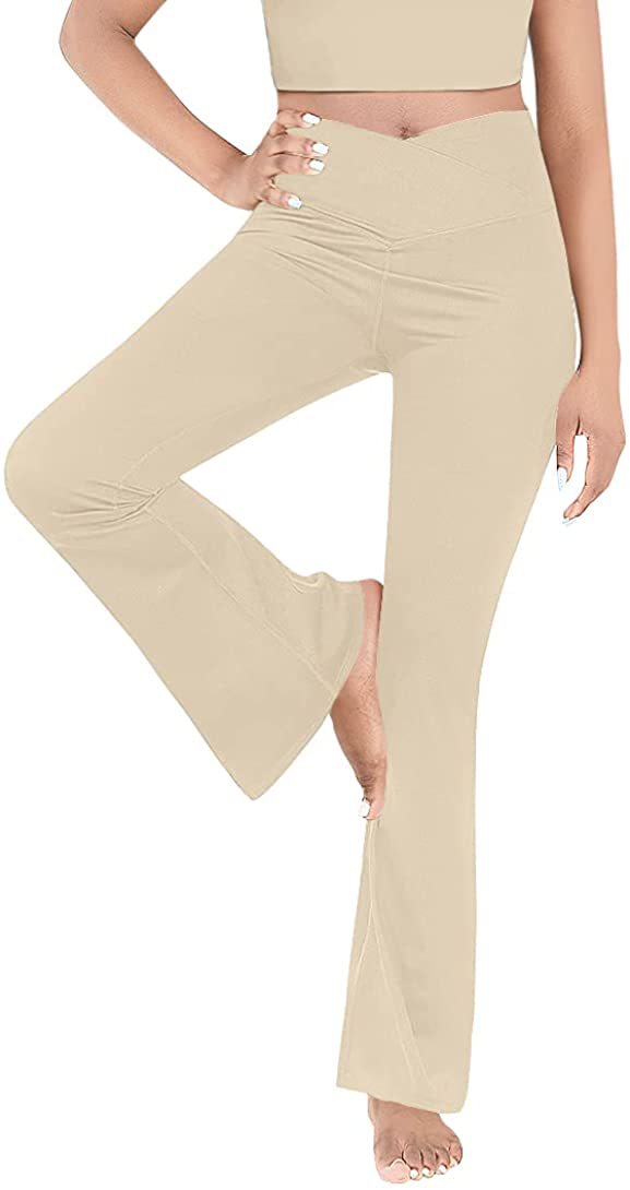 Women's mid-rise yoga pants with crossover waistband and flared hem with slit Mune Fashion